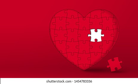 Jigsaw puzzle red heart with missing piece to fill it
