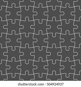 Jigsaw puzzle seamless background. Mosaic of grey puzzle pieces with white outline in linear arrangement. Simple flat vector illustration.
