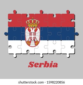 Jigsaw puzzle of Serbia flag and the country name, a horizontal tricolor of red blue and white; charged with the lesser Coat of arms left of center, concept of Fulfillment or perfection.