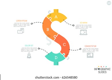 Jigsaw Puzzle In Shape Of Dollar Sign Divided Into 4 Pieces. Minimal Infographic Design Layout. Money Saving, Monetary Policy, Finance And Budget Planning Concept. Vector Illustration For Brochure.