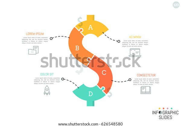 Jigsaw puzzle in shape of dollar sign divided\
into 4 pieces. Minimal infographic design layout. Money saving,\
monetary policy, finance and budget planning concept. Vector\
illustration for\
brochure.
