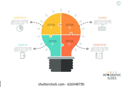 Jigsaw puzzle in shape of light bulb divided into 4 pieces. Minimal infographic design template. Idea creation and creative process concept. Vector illustration for brochure, presentation, report.