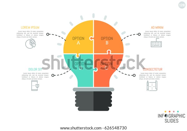 Jigsaw puzzle in shape of light bulb divided into\
4 pieces. Minimal infographic design template. Idea creation and\
creative process concept. Vector illustration for brochure,\
presentation, report.
