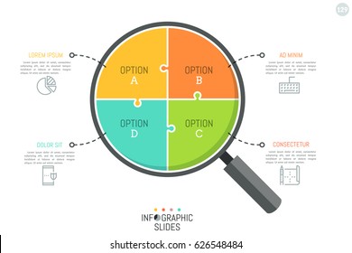 Quebra-cabeça em forma de lupa dividida em 4 partes. Modelo de design infográfico simples. Análise de problemas e busca de conceito de resposta. Ilustração vetorial para apresentação, relatório.