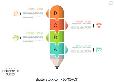 Quebra-cabeça em forma de lápis dividido em 4 partes. Layout de design de infográfico mínimo. Conceito de estudo, educação e aprendizagem. Ilustração vetorial para site, apresentação, relatório, folheto e anúncio.