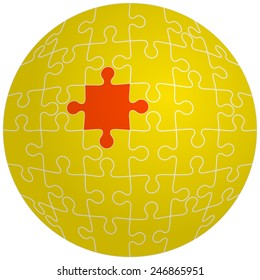 Jigsaw puzzle in the shape of a sphere with one red. Vector illustration.