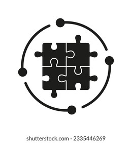 Jigsaw, Puzzle Solution Silhouette Icon. Entwicklung, Workflow von Teamwork, Idea und Challenge Game Solid Sign. Logikkombination, quadratische Stücke entsprechen dem Piktogramm der Glyphe. Einzelne Vektorgrafik.