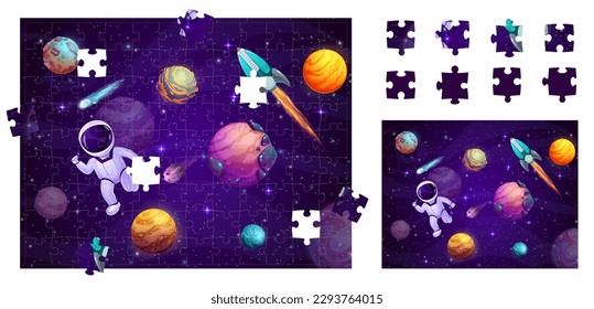 Jigsaw puzzle space game pieces. Cartoon planets, astronaut and rocket in outer space. Vector riddle complete image with cosmonaut float in galaxy and fell out parts educational worksheet for children