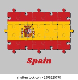 Jigsaw puzzle of Spain flag and the country name, a horizontal of red yellow and red; charged with the Spanish coat of arms left of center, concept of Fulfillment or perfection.