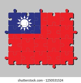 Jigsaw puzzle of Taiwan flag in a red field with a blue canton containing a 12-ray white sun. Concept of Fulfillment or perfection.