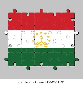 Jigsaw puzzle of Tajikistan flag in a red white and green; charged with a crown surmounted by an arc of seven stars. Concept of Fulfillment or perfection.