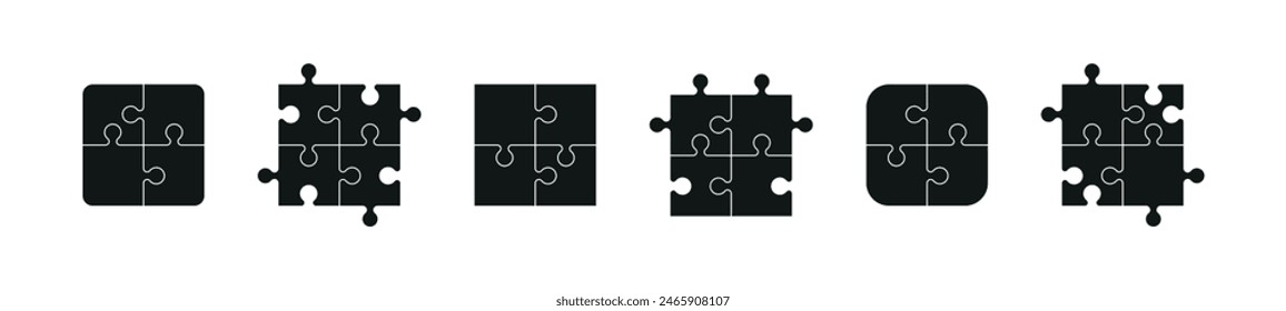 Puzzle-Vorlage mit in einem Gittermuster gerahmten Teilen. Flache Vektorillustration isoliert auf weißem Hintergrund.