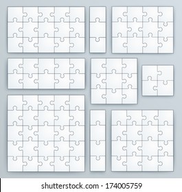 Jigsaw Puzzle Templates. Set of puzzle 15, 3, 12, 10, 9, 4, 16, 25 pieces