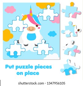 Jigsaw puzzle for toddlers. Match pieces and complete picture of cute unicorn. Educational game for children and kids.