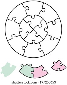 Jigsaw Puzzle Two Circles with single pieces which can be individually removed and arranged. Vector illustration on white background.