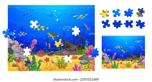 Jigsaw Puzzle Unterwasserlandschaft Stücke. Cartoon sunken Schiff, Schildkröte und Fisch Schuppen. Vektorgrafik-Spielblatt für Vorschulkinder mit lustigen Meerestieren und Bildteilen