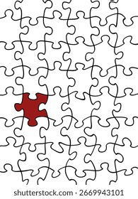 a jigsaw puzzle with a unique, dark red piece in the bottom left, standing out from the many other pieces. 