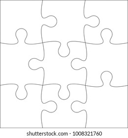 Jigsaw puzzle vector blank template or cutting guidelines of 9 pieces on white background. 