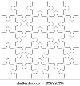 Jigsaw puzzle vector blank template or cutting guidelines of 25 pieces. 