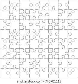 Jigsaw puzzle vector blank template or cutting guidelines of 64 pieces on white background. 