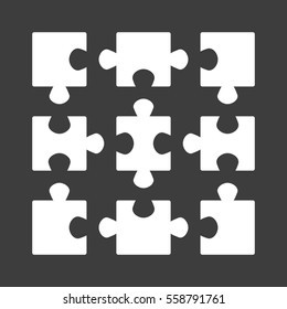 Jigsaw puzzle vector. Simple Puzzle template on 9 elements. Set of blank mosaic isolated on black background. Game Elements.