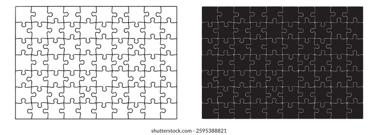 Jigsaw puzzle white and black color. Puzzle grid 10x7. Game mosaic 70 individual parts.