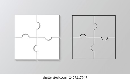 Jigsaw puzzle white and outline grid. Square info graphic with 4 parts of process diagram. Puzzle square business presentation infographic. Business presentation for infographics. Vector illustration