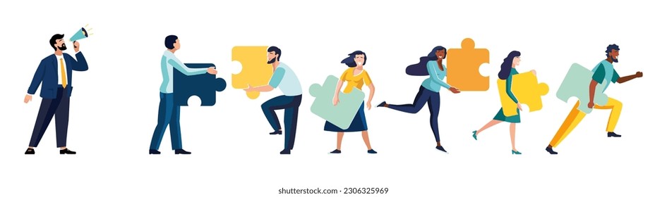 Jigsaw puzzles are great element of team work and search for ideas.Businessman with loudspeaker.Business teamwork together people connect puzzle elements, Businessman.Vector illustration in flat style