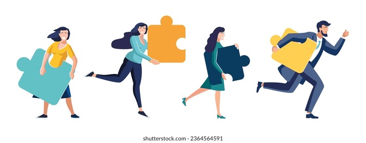 Jigsaw puzzles are great element of team work and search for ideas. Business teamwork together people connect puzzle elements, Businessman, brain storm, girls. Vector illustration in flat style, green