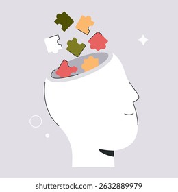 Quebra-cabeças na cabeça humana, atenção plena, saúde mental e conceito de crescimento pessoal. Resolver problemas psicológicos. Design gráfico, ilustração de vetor plana na moda, plano de fundo isolado
