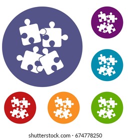 Jigsaw puzzles icons set in flat circle reb, blue and green color for web
