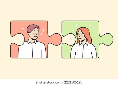 Jigsaw puzzles with man and woman connecting. Concept of couple connection and relationships. Love and affection. Vector illustration. 