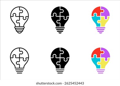 Jigsaw puzzles on light bulb icon vector set. Solution symbol isolated on white background. Idea conceptual concept