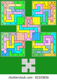 Jigsaw Samurai Sudoku, symmetrical, 108 clues. Vector.
