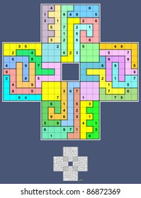 Jigsaw Sohei Sudoku, symmetrical, 90 clues. Vector.