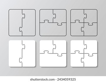 Jigsaw square grids set. Puzzle pieces filled and outline. Scheme for thinking game. Simple mosaic background with separate details. Cutting template. Vector illustration.