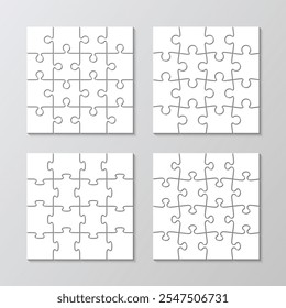 Jigsaw square grids set. Puzzle cutting template with 16 pieces. Simple mosaic background with separate details. Thinking game scheme. Vector illustration.