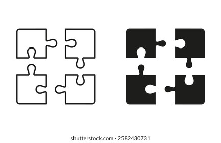 Jigsaw Square Pieces Match Line and Silhouette Icon Set. Puzzle Challenge, Teamwork, Logic Game, Idea Sign. Combination Solution Icon. Editable Stroke. Isolated Vector Illustration.