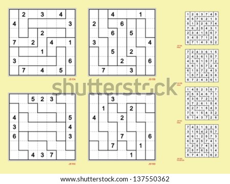 Jigsaw Sudoku with the 7 x 7 grid.  Vector set. Easy and moderate, symmetrical,  16, 14, 12, 10 clues.