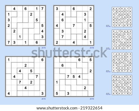 Jigsaw Sudoku with the 7x 7 grid.  Symmetrical. Vector set. Very easy and very hard. 18, 17, 12, 11 clues. 
