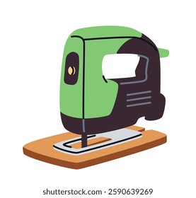 Jigsaw tool with green and black design on a white background. Flat graphic style. Concept of woodworking and DIY projects. Vector illustration