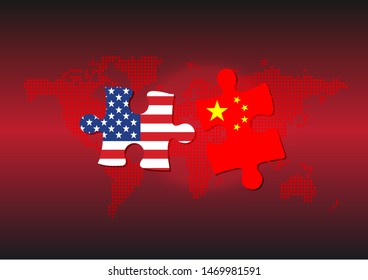 Jigsaw of US and China Flag over World Dotted Background For World Economic Concept