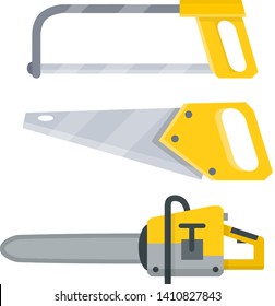 Jigsaw, yellow saw, chainsaw. Electrical appliance. Tool worker, Builder, carpenter and lumberjack. object for installation, repair and technical maintenance. The cutting, carving and felling of trees