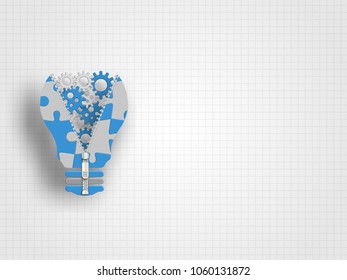Jigsaw zipper in the lightbulb shape containing gears on grid background. Technology background. Concept of engineering. Vector illustration.
