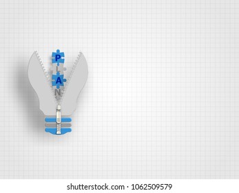 Jigsaw zipper in the lightbulb shape containing text of PLAN on grid background. Technology background. Business concept. Vector illustration.

