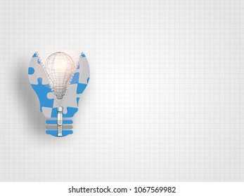 Jigsaw zipper in the lightbulb shape containing wireframe lightbulb on grid background. Vector zipper design template. Business concept. Vector illustration. Technology background.
