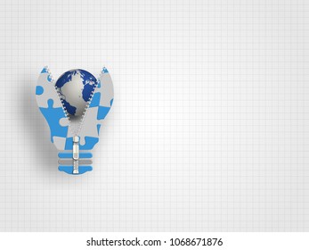 Jigsaw zipper in the lightbulb shape containing earth model on grid background.  Technology background. Concept of travelling and global connection. Vector illustration.
