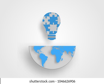 Jigsaws in lightbulb shape is on the half size of earth map represent concept of innovation and idea. Technology background. Vector illustration
