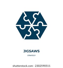 icono vectorial de jigsaws. jigsaws, jigsaw, iconos llenos de piezas del concepto de estrategia plana. Icono de glifo negro aislado, elemento de símbolo de ilustración vectorial para diseño web y aplicaciones móviles