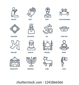 jihad, Lamb, Menorah, Monastery, Monk, Prayer, Paganism, nihilism, Om outline vector icons from 16 set